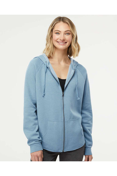 Independent Trading Co. PRM2500Z Womens California Wave Wash Full Zip Hooded Sweatshirt Hoodie Misty Blue Model Front