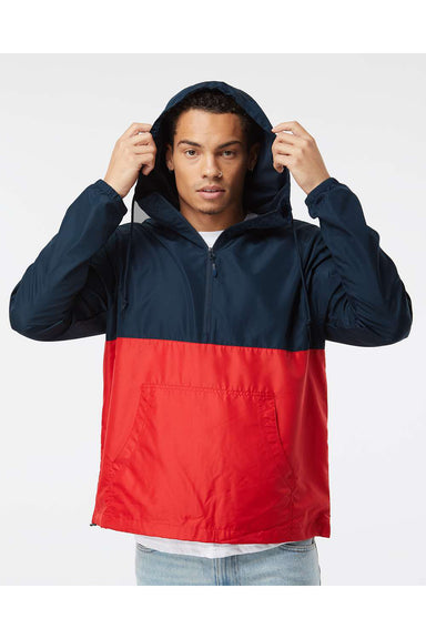Independent Trading Co. EXP54LWP Mens 1/4 Zip Windbreaker Hooded Jacket Classic Navy Blue/Red Model Front