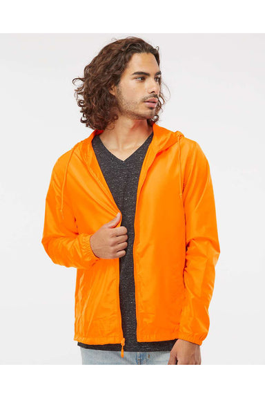 Independent Trading Co. EXP54LWZ Mens Full Zip Windbreaker Hooded Jacket Safety Orange Model Front