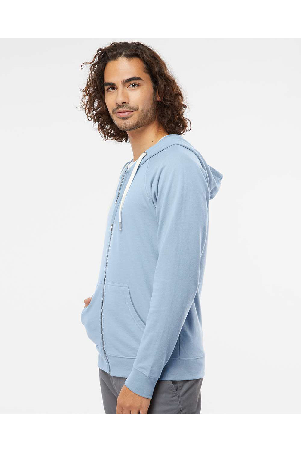 Independent Trading Co. SS1000Z Mens Icon Loopback Terry Full Zip Hooded Sweatshirt Hoodie Misty Blue Model Side