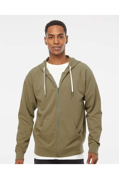 Independent Trading Co. SS1000Z Mens Icon Loopback Terry Full Zip Hooded Sweatshirt Hoodie Olive Green Model Front