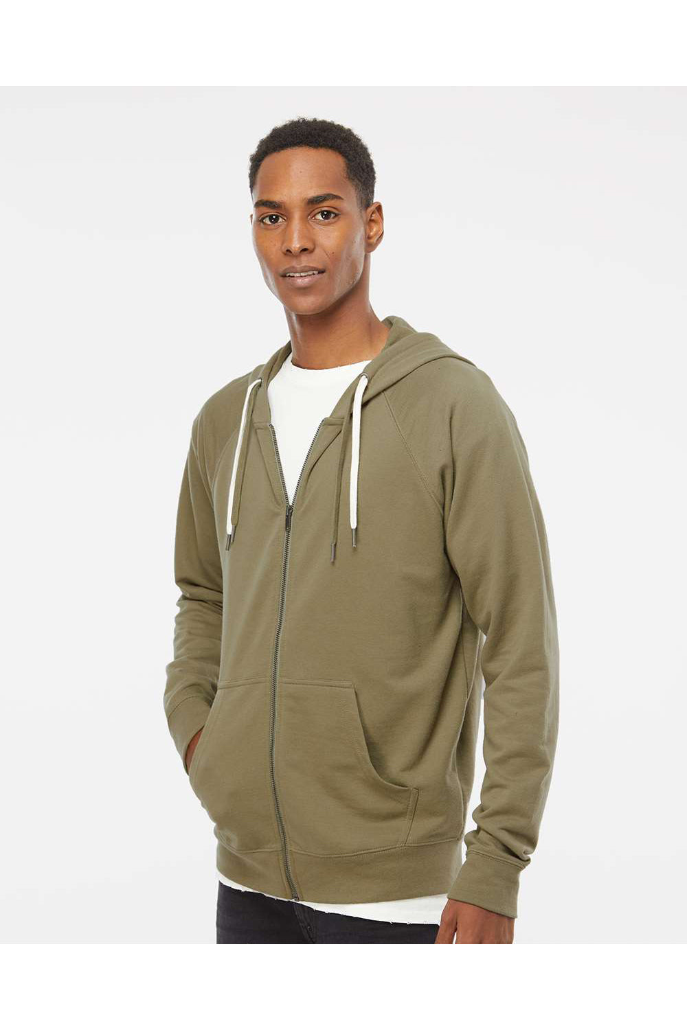 Independent Trading Co. SS1000Z Mens Icon Loopback Terry Full Zip Hooded Sweatshirt Hoodie Olive Green Model Side