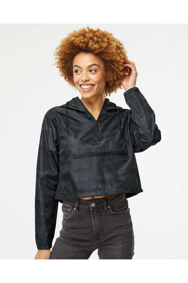 Independent Trading Co. EXP64CRP Womens 1/4 Zip Crop Hooded Windbreaker Jacket Black Camo Model Front