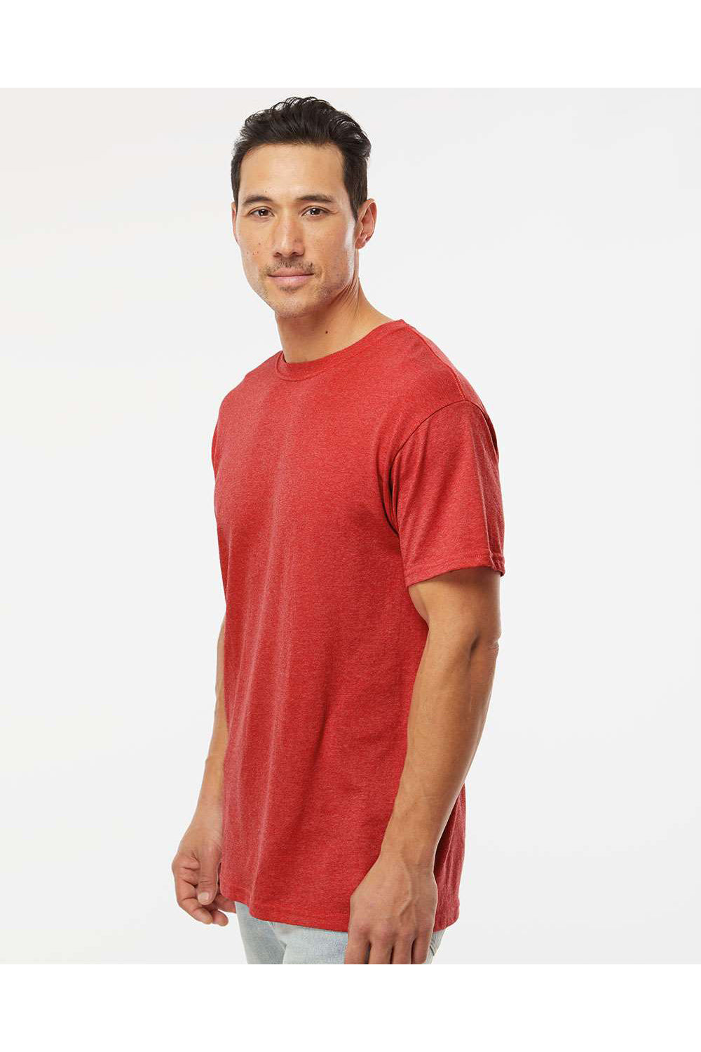 M&O 4800 Mens Gold Soft Touch Short Sleeve Crewneck T-Shirt Heather Red Model Side