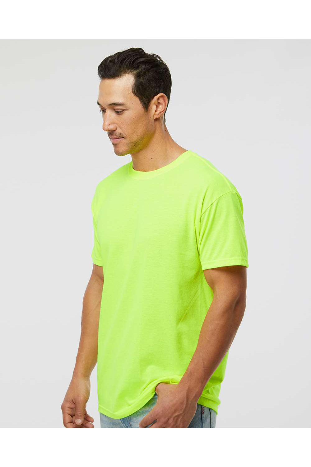 M&O 4800 Mens Gold Soft Touch Short Sleeve Crewneck T-Shirt Safety Green Model Side