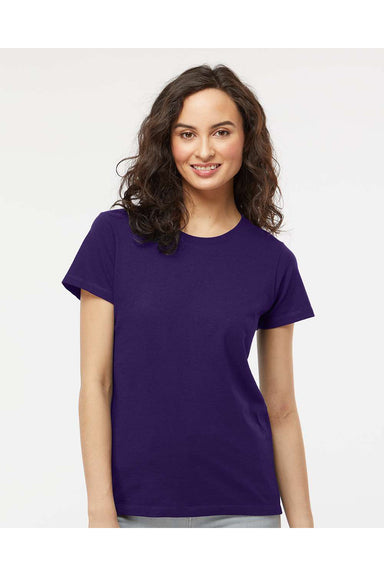 M&O 4810 Womens Gold Soft Touch Short Sleeve Crewneck T-Shirt Purple Model Front