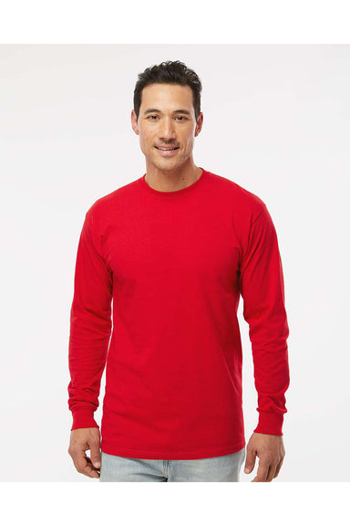 M&O 4820 Mens Gold Soft Touch Long Sleeve Crewneck T-Shirt Deep Red Model Front