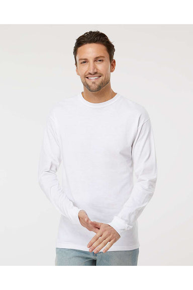 M&O 4820 Mens Gold Soft Touch Long Sleeve Crewneck T-Shirt White Model Front