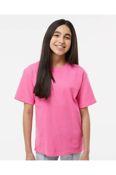 M&O 4850 Youth Gold Soft Touch Short Sleeve Crewneck T-Shirt Azalea Pink Model Front