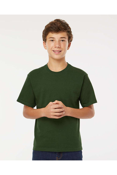 M&O 4850 Youth Gold Soft Touch Short Sleeve Crewneck T-Shirt Forest Green Model Front