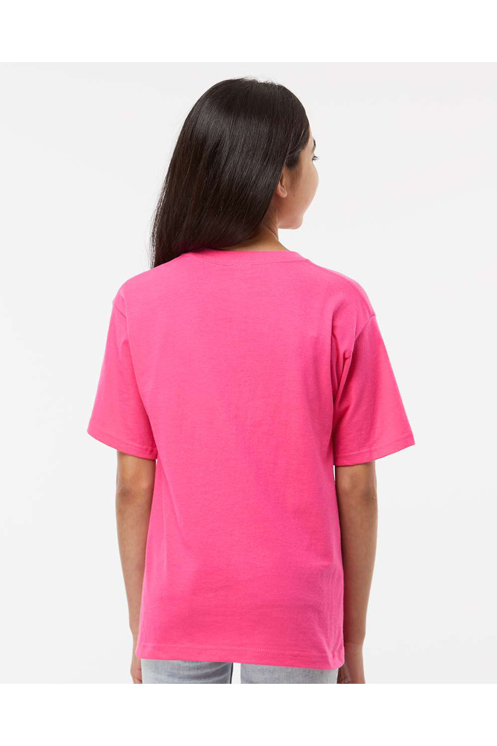 M&O 4850 Youth Gold Soft Touch Short Sleeve Crewneck T-Shirt Heliconia Pink Model Back