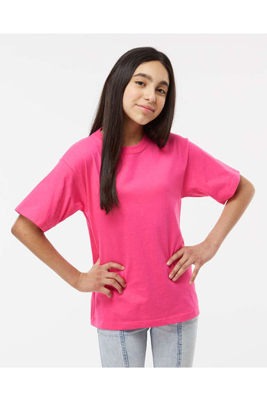 M&O 4850 Youth Gold Soft Touch Short Sleeve Crewneck T-Shirt Heliconia Pink Model Front