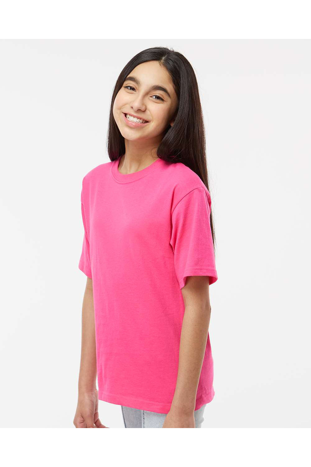 M&O 4850 Youth Gold Soft Touch Short Sleeve Crewneck T-Shirt Heliconia Pink Model Side