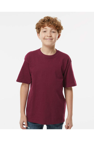 M&O 4850 Youth Gold Soft Touch Short Sleeve Crewneck T-Shirt Maroon Model Front
