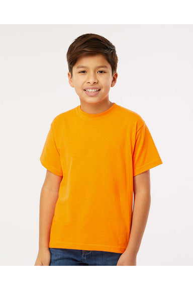 M&O 4850 Youth Gold Soft Touch Short Sleeve Crewneck T-Shirt Safety Orange Model Front