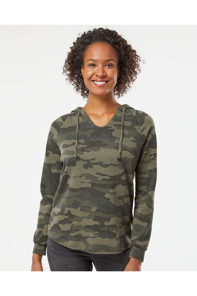 Independent Trading Co. PRM2500 Womens California Wave Wash Hooded Sweatshirt Hoodie Heather Forest Green Camo Model Front