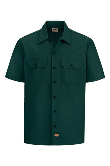 Dickies 2574 Mens Moisture Wicking Short Sleeve Button Down Work Shirt w/ Double Pockets Hunter Green Flat Front