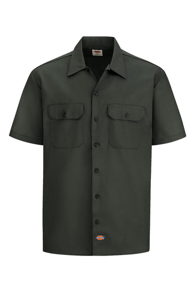Dickies 2574 Mens Moisture Wicking Short Sleeve Button Down Work Shirt w/ Double Pockets Olive Green Flat Front