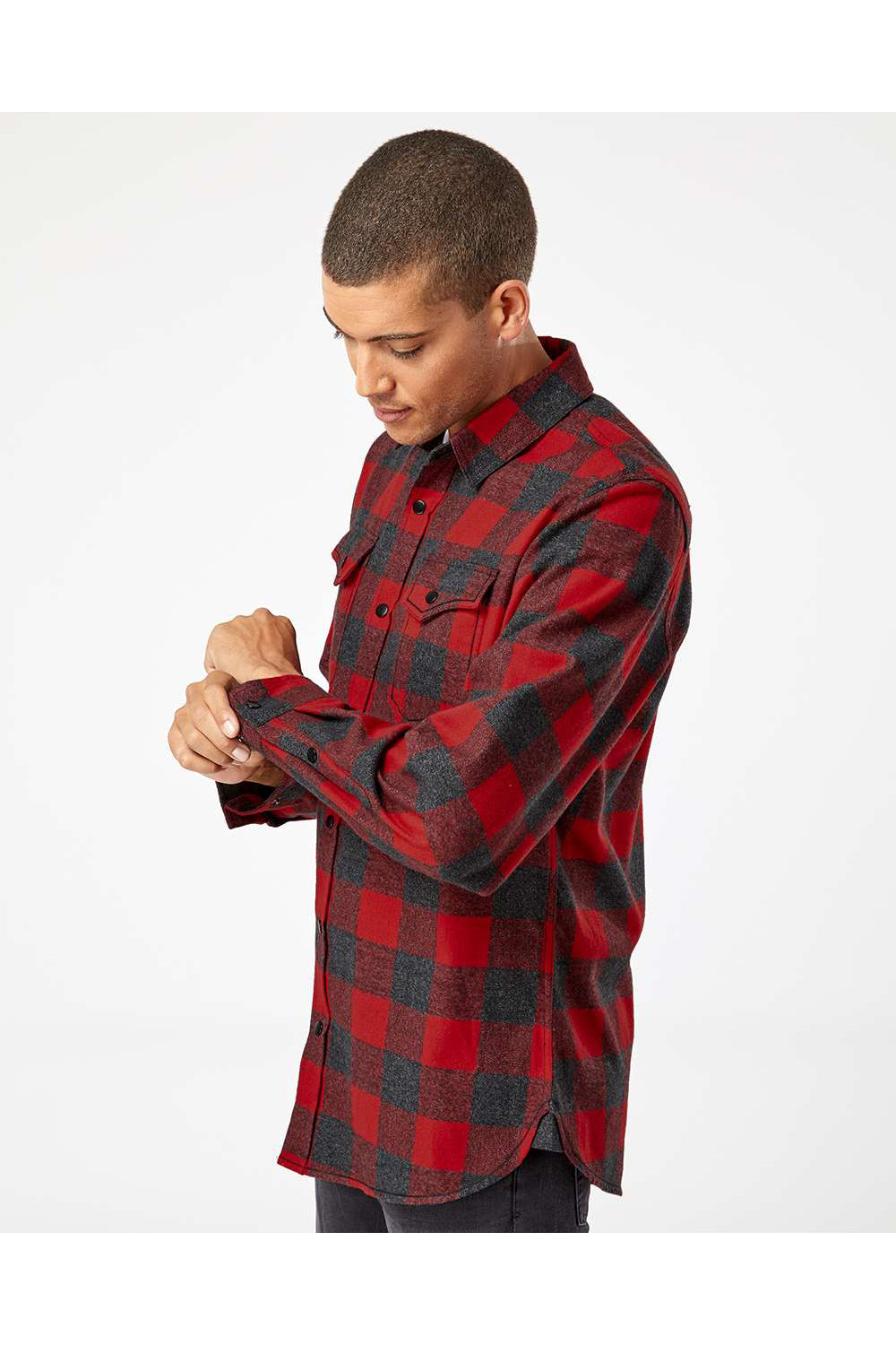 Burnside 8219 Mens Plaid Flannel Long Sleeve Snap Down Shirt w/ Double Pockets Red/Heather Black Model Side