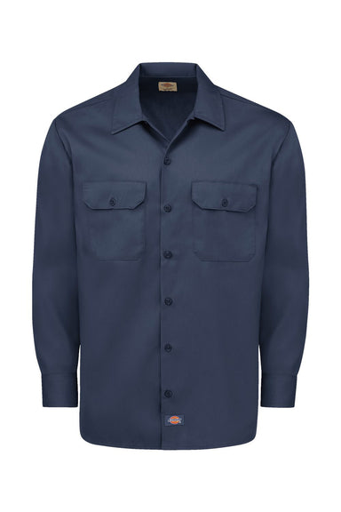 Dickies 5574 Mens Moisture Wicking Long Sleeve Button Down Work Shirt w/ Double Pockets Dark Navy Blue Flat Front
