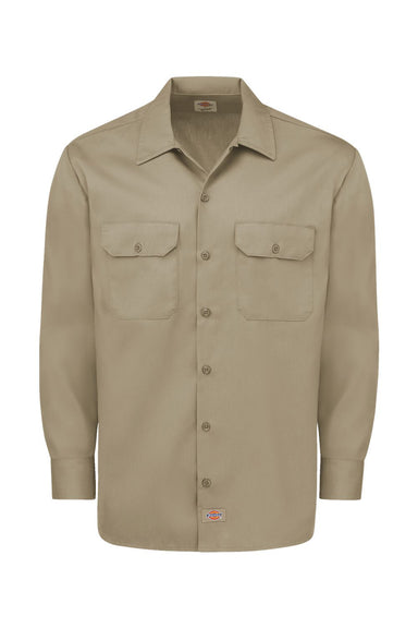 Dickies 5574 Mens Moisture Wicking Long Sleeve Button Down Work Shirt w/ Double Pockets Khaki Flat Front