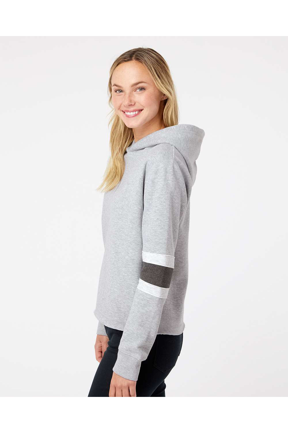 MV Sport W22135 Womens Sueded Fleece Thermal Lined Hooded Sweatshirt Hoodie Heather Grey/Ash Grey/Charcoal Grey Model Side