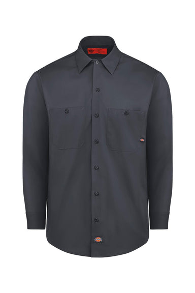 Dickies L535 Mens Industrial Wrinkle Resistant Long Sleeve Button Down Work Shirt w/ Double Pockets Dark Charcoal Grey Flat Front