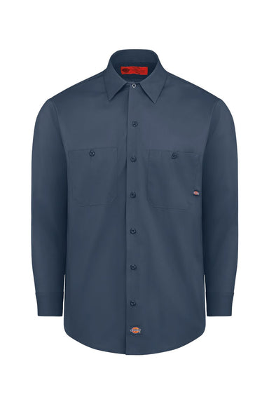 Dickies L535 Mens Industrial Wrinkle Resistant Long Sleeve Button Down Work Shirt w/ Double Pockets Dark Navy Blue Flat Front