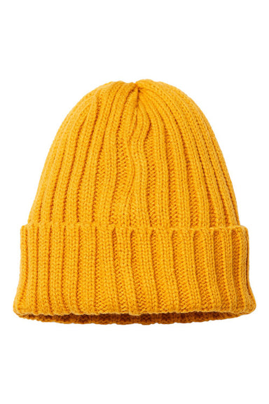 Atlantis Headwear SHORE Mens Sustainable Cable Knit Cuffed Beanie Mustard Yellow Flat Front