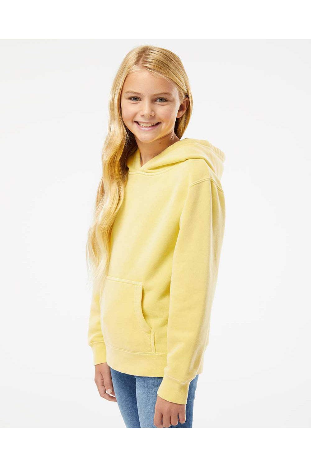 Independent Trading Co. PRM1500Y Youth Pigment Dyed Hooded Sweatshirt Hoodie Yellow Model Side