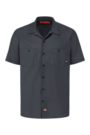 Dickies S535 Mens Industrial Wrinkle Resistant Short Sleeve Button Down Work Shirt w/ Double Pockets Dark Charcoal Grey Flat Front