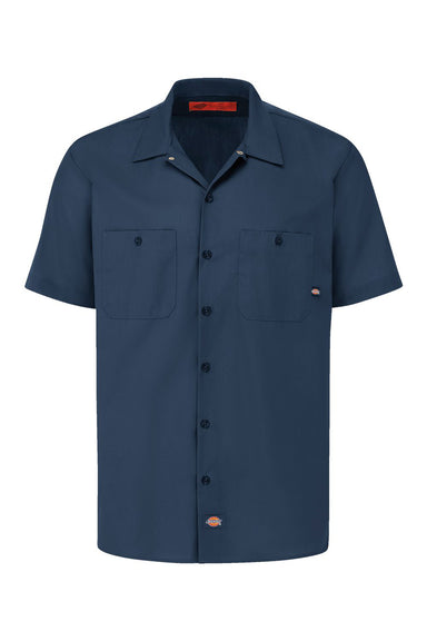 Dickies S535 Mens Industrial Wrinkle Resistant Short Sleeve Button Down Work Shirt w/ Double Pockets Dark Navy Blue Flat Front