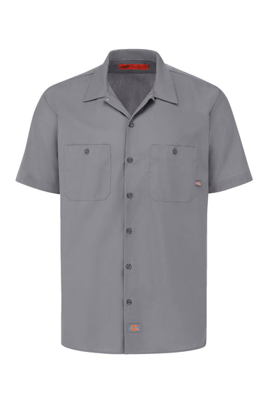 Dickies S535 Mens Industrial Wrinkle Resistant Short Sleeve Button Down Work Shirt w/ Double Pockets Graphite Grey Flat Front