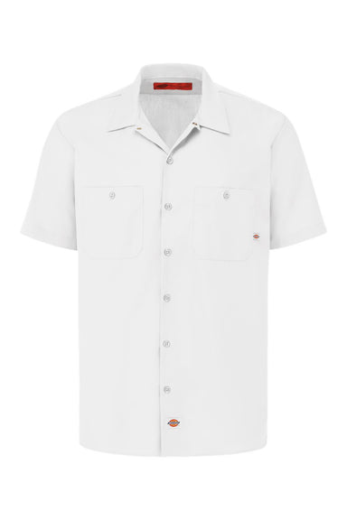 Dickies S535 Mens Industrial Wrinkle Resistant Short Sleeve Button Down Work Shirt w/ Double Pockets White Flat Front