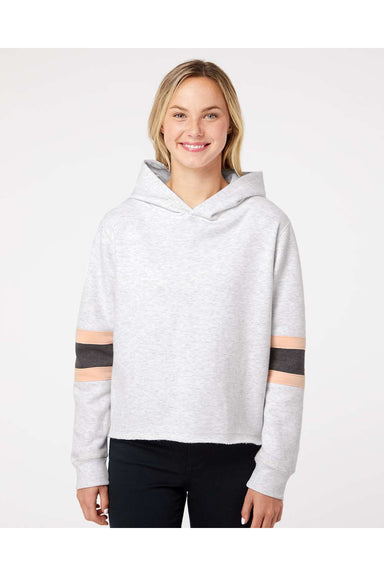 MV Sport W22135 Womens Sueded Fleece Thermal Lined Hooded Sweatshirt Hoodie Ash Grey/Cameo Pink/Charcoal Grey Model Front