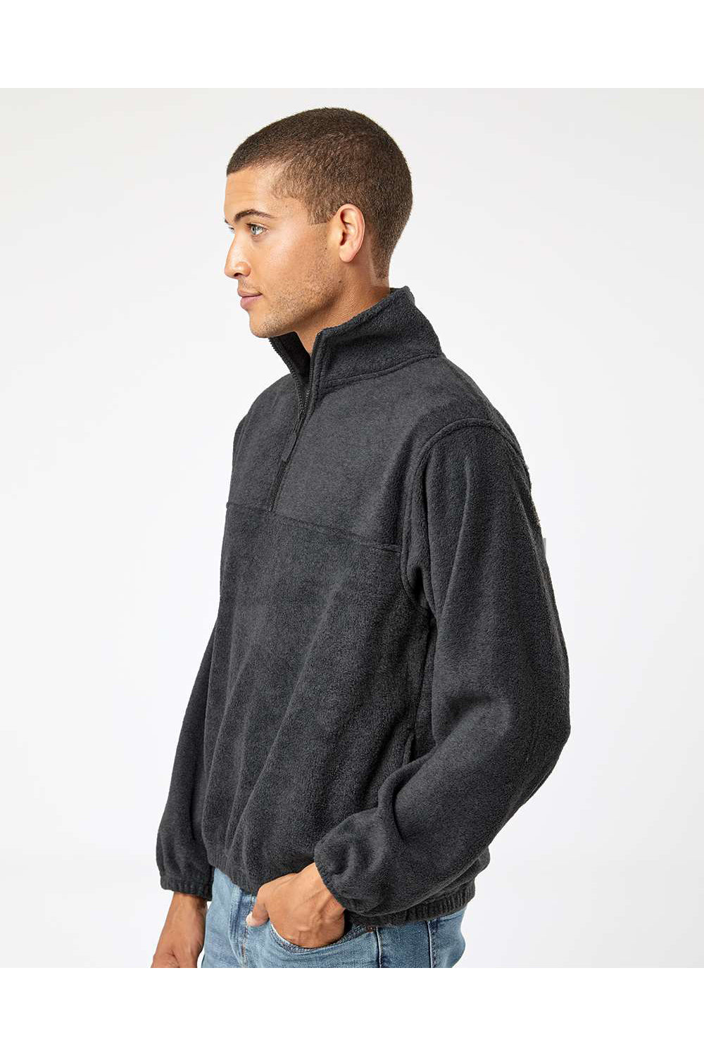 Burnside 3052 Mens Polar Fleece 1/4 Zip Sweatshirt Heather Charcoal Grey Model Side