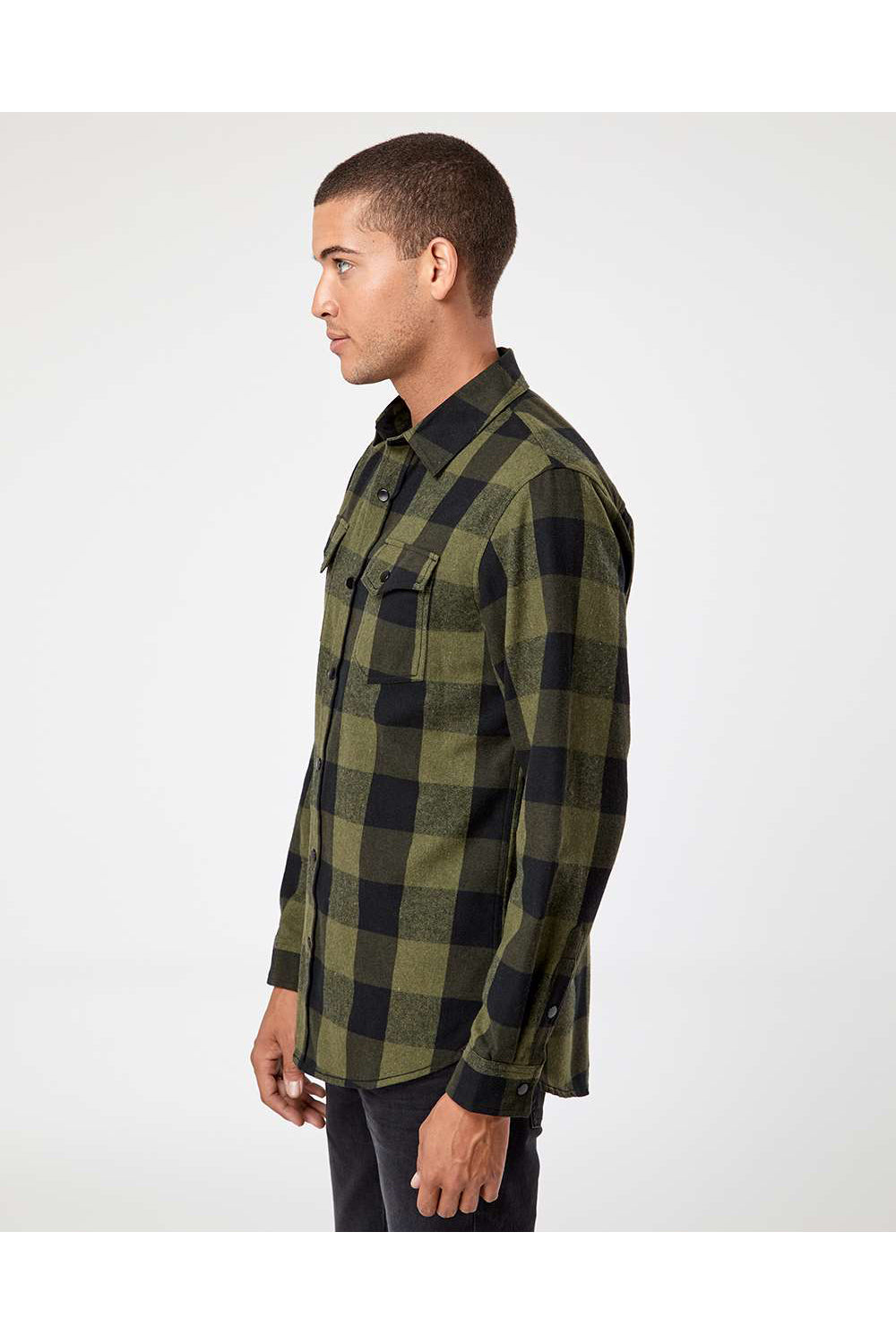 Burnside 8219 Mens Plaid Flannel Long Sleeve Snap Down Shirt w/ Double Pockets Army Green/Black Model Back
