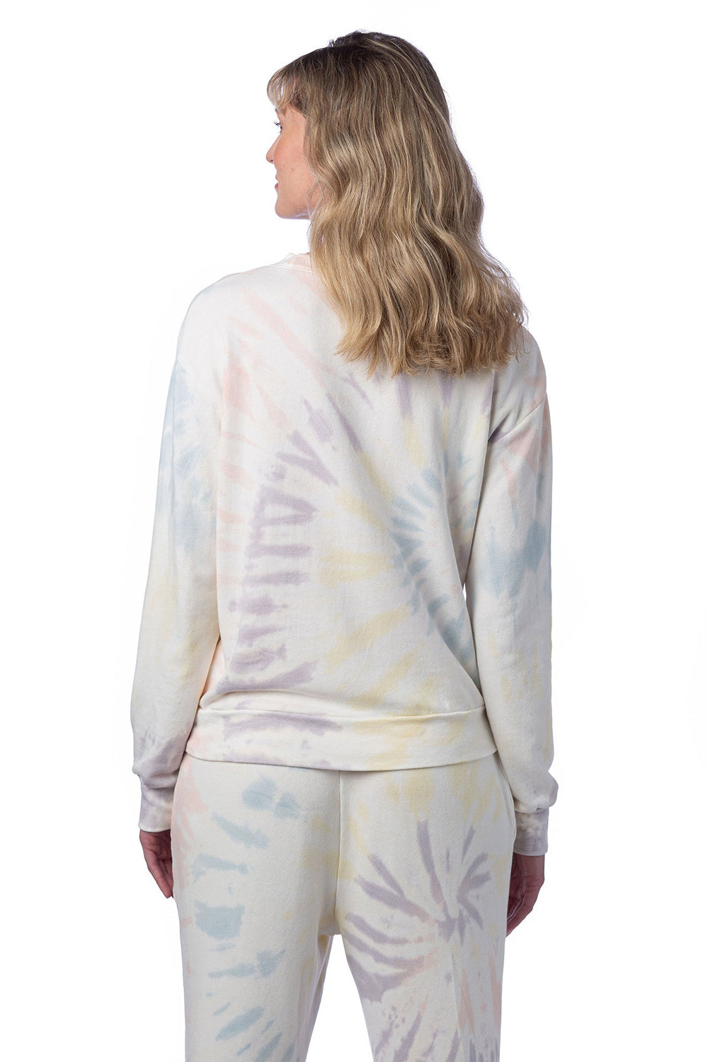 Alternative 9903ZT Womens Eco Washed Throwback Crewneck Sweatshirt Spectrum Spiral Tie Dye Model Back