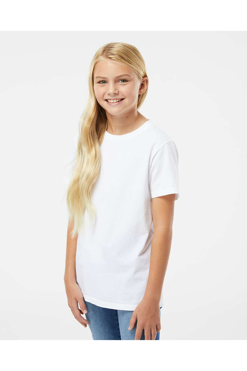 SoftShirts 402 Youth Organic Short Sleeve Crewneck T-Shirt White Model Side