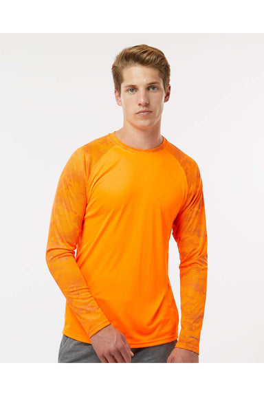 Paragon 216 Mens Cayman Performance Camo Colorblocked Long Sleeve Crewneck T-Shirt Neon Orange Model Front