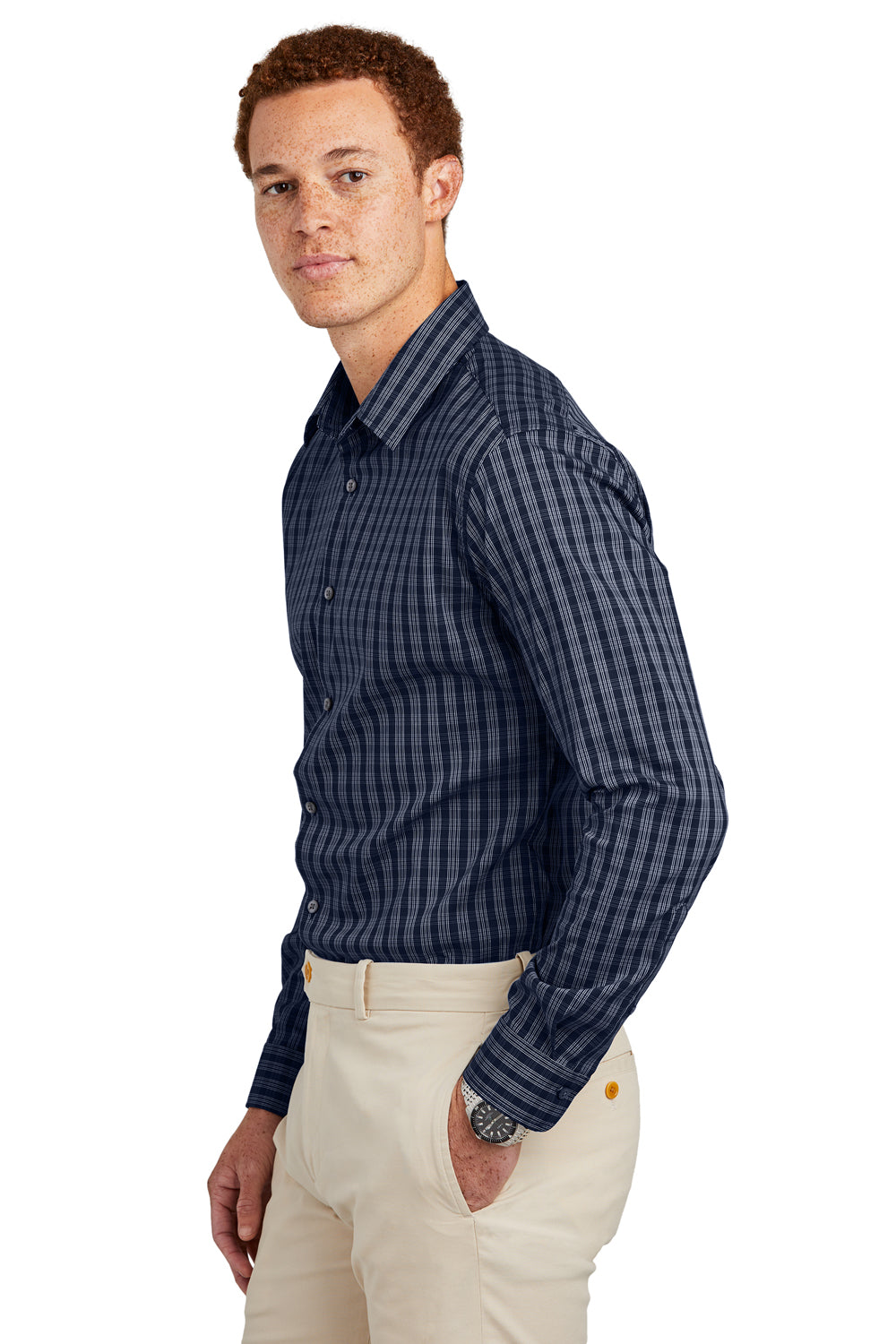 Brooks Brothers Mens Tech Stretch Long Sleeve Button Down Shirt Navy Blue/White Model Side