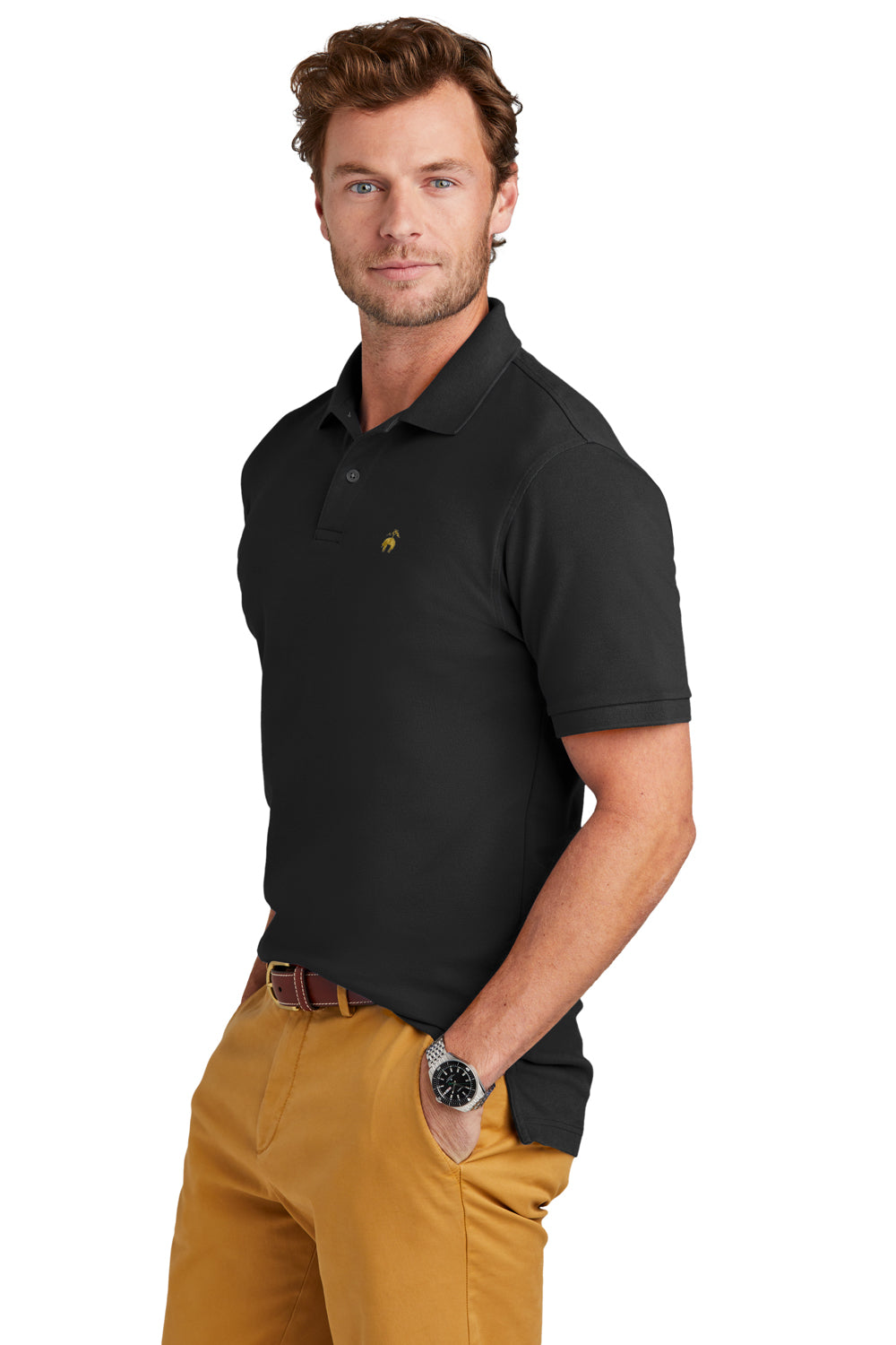 Brooks Brothers Mens Pique Short Sleeve Polo Shirt Deep Black Model Side