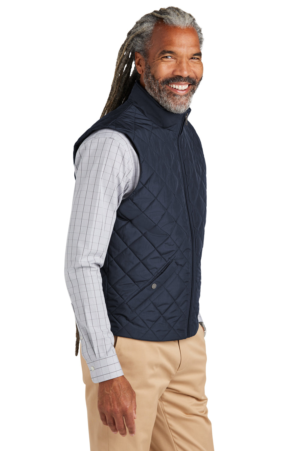 Brooks Brothers Mens Water Resistant Quilted Full Zip Vest Night Navy Blue Model Side