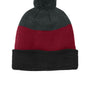 Port Authority Hats Unisex Cozy Striped Pom Beanie - Deep Black/Rich Red/Heather Charcoal Grey
