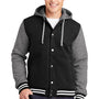 Sport-Tek Mens Snap Down Hooded Letterman Jacket - Black/Heather Vintage Grey/White