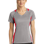 Sport-Tek Womens Contender Heather Moisture Wicking Short Sleeve V-Neck T-Shirt - Heather Vintage Grey/True Red - Closeout