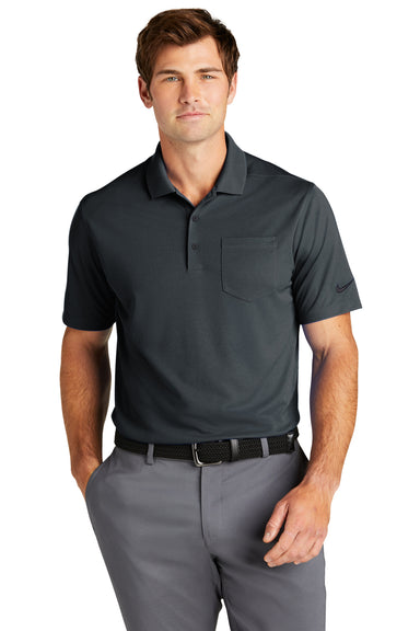Nike NKDC2103 Mens Dri-Fit Moisture Wicking Micro Pique 2.0 Short Sleeve Polo Shirt w/ Pocket Anthracite Grey Model Front