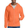 Port & Company Mens Core Pill Resistant Fleece Full Zip Hooded Sweatshirt Hoodie w/ Pockets - Neon Orange