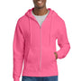 Port & Company Mens Core Pill Resistant Fleece Full Zip Hooded Sweatshirt Hoodie w/ Pockets - Neon Pink