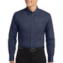 Port Authority Mens Easy Care Wrinkle Resistant Long Sleeve Button Down Shirt w/ Pocket - Navy Blue/Light Stone